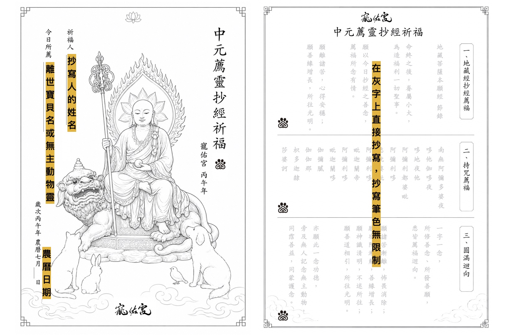 中元萬靈抄經祈福範本：標示抄經人姓名、離世寶貝名字／無主動物靈、日期的填寫位置，在灰字上直接描摹